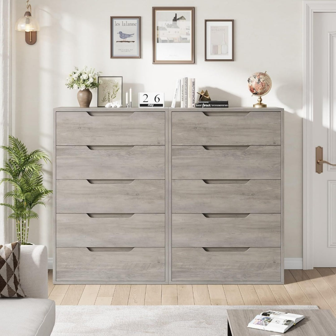 Design commode avec 5 tiroirs et des etageres reglables en hauteur