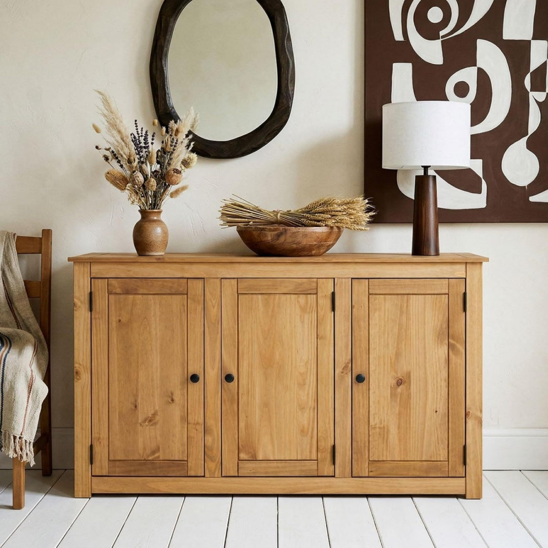 Beige bahut de rangement en bois, 3 portes et 2 etageres