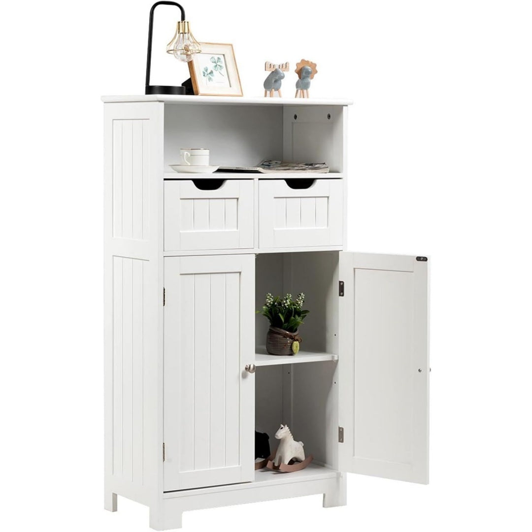 Meuble sur pied gris clair (60 x 30 x 109 cm), deux tiroirs