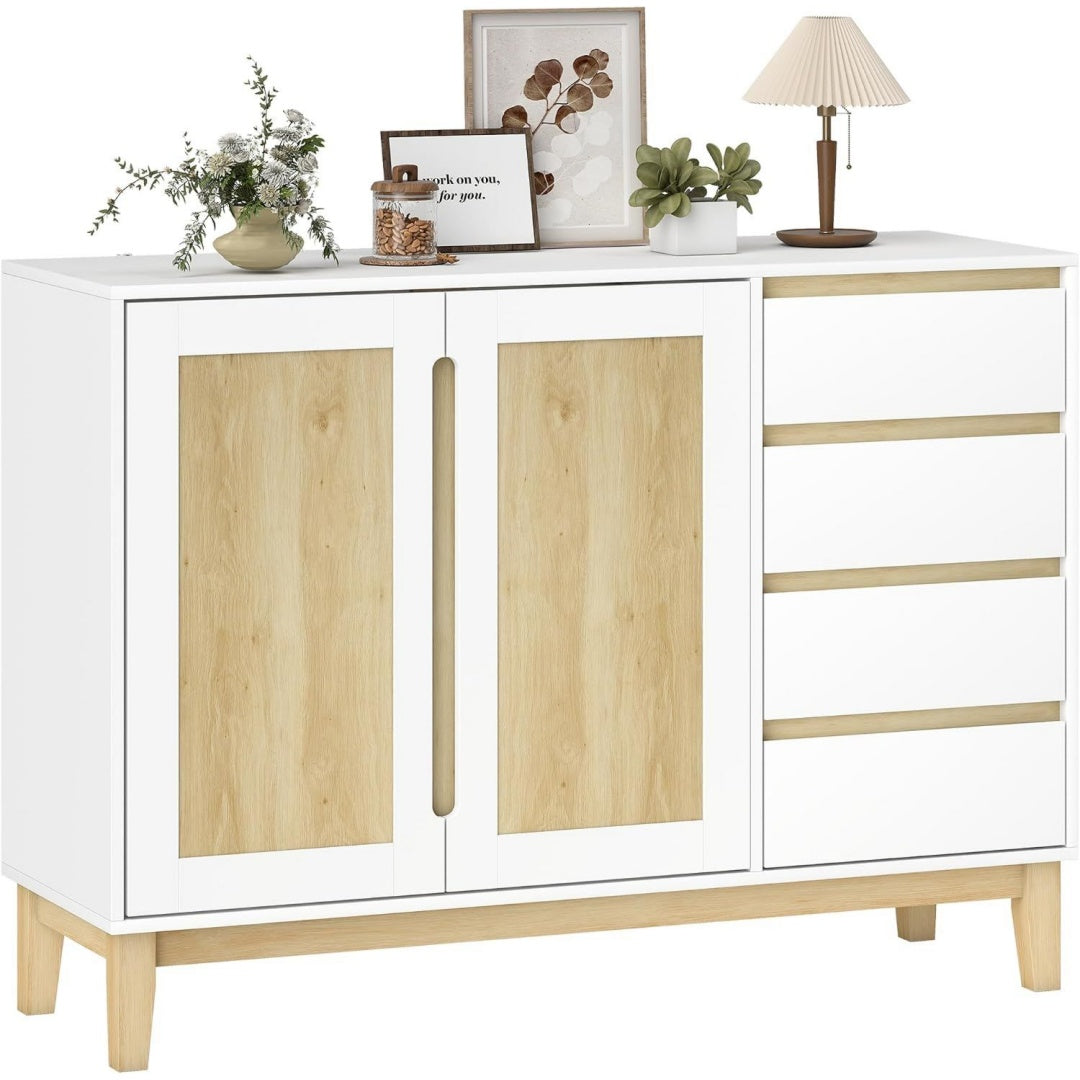 Enfilade beige etageres reglables, bois ingenierie et a 2 portes 4 tiroirs