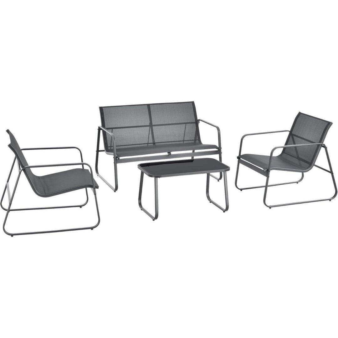 Salon de jardin gris avec plateau en verre trempe